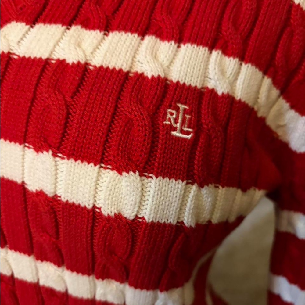 Ralph Lauren V Neck Cableknit Red White Striped Preppy Cotton Sweater - Picture 5 of 5